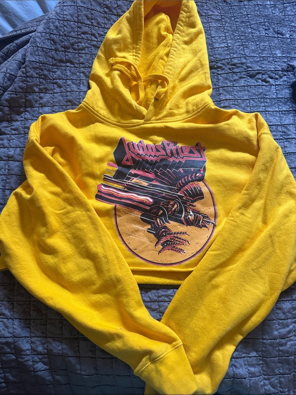 Yellow  Judas Priest oversized cropped hoodie